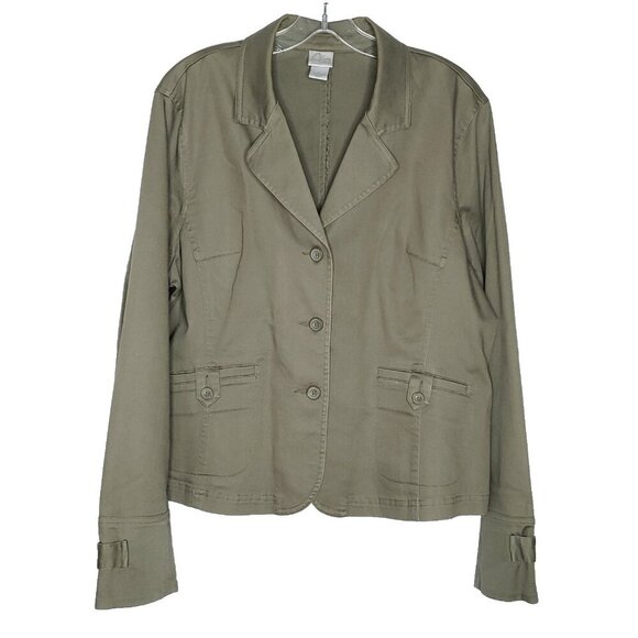 Womens Blazer Jacket XL Khaki Green Stretch Preppy Military Safari Vintage 90s - Picture 1 of 4
